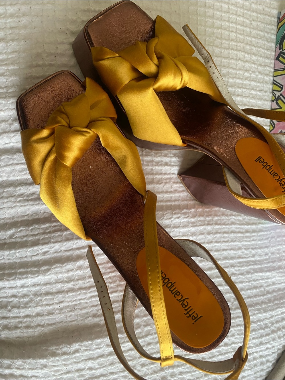 Jeffrey Campbell Mustard Satin Knot Block Heel Sandals